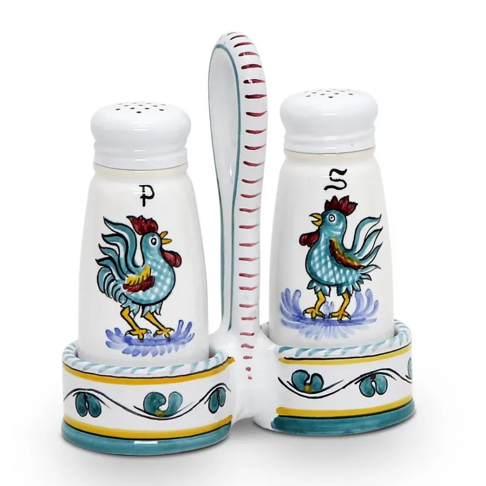 Orvieto Green Rooster Salt And Pepper Cruet 5.5 Wide x 2.5 Deep x 6.5 high (Easy Refill Shaker: 2 in Rd x 4.5 high)