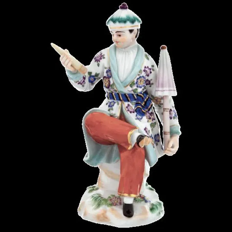 Asian Man With Parasol, Figurine with Gold