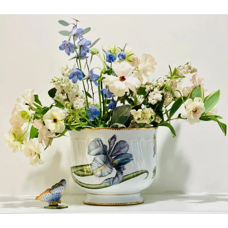 Round Cachepot Blue Flower with Butterfly