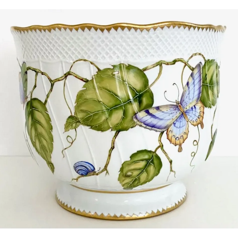 Round Cachepot Green Leaves with Blue/Yellow/Butterfly