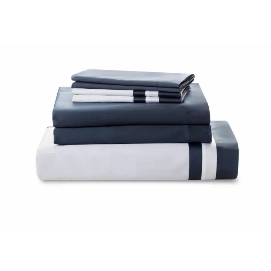 Vilanova White/Navy Cotton Sateen Bedding Full Sheet Set (Flat/Fitted/2 Std Pillowcases)