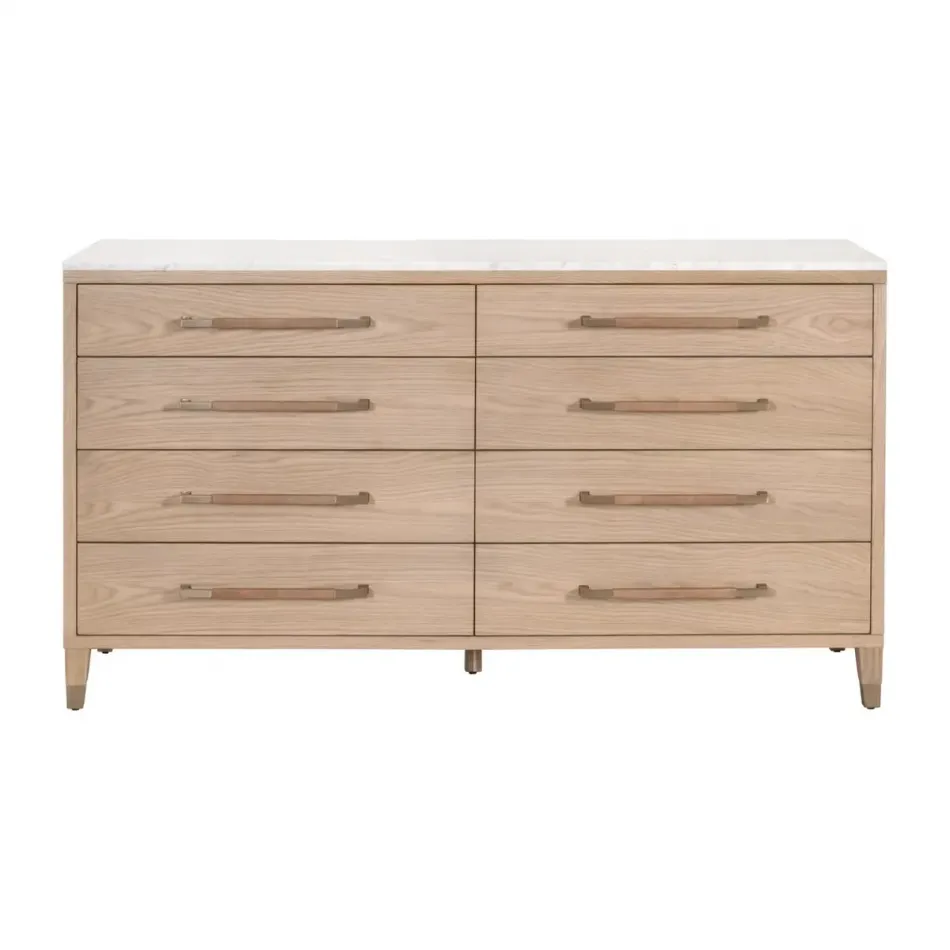 Cambria 8-Drawer Double Dresser - Natural Oak, Bianco Marble, Aged Brass