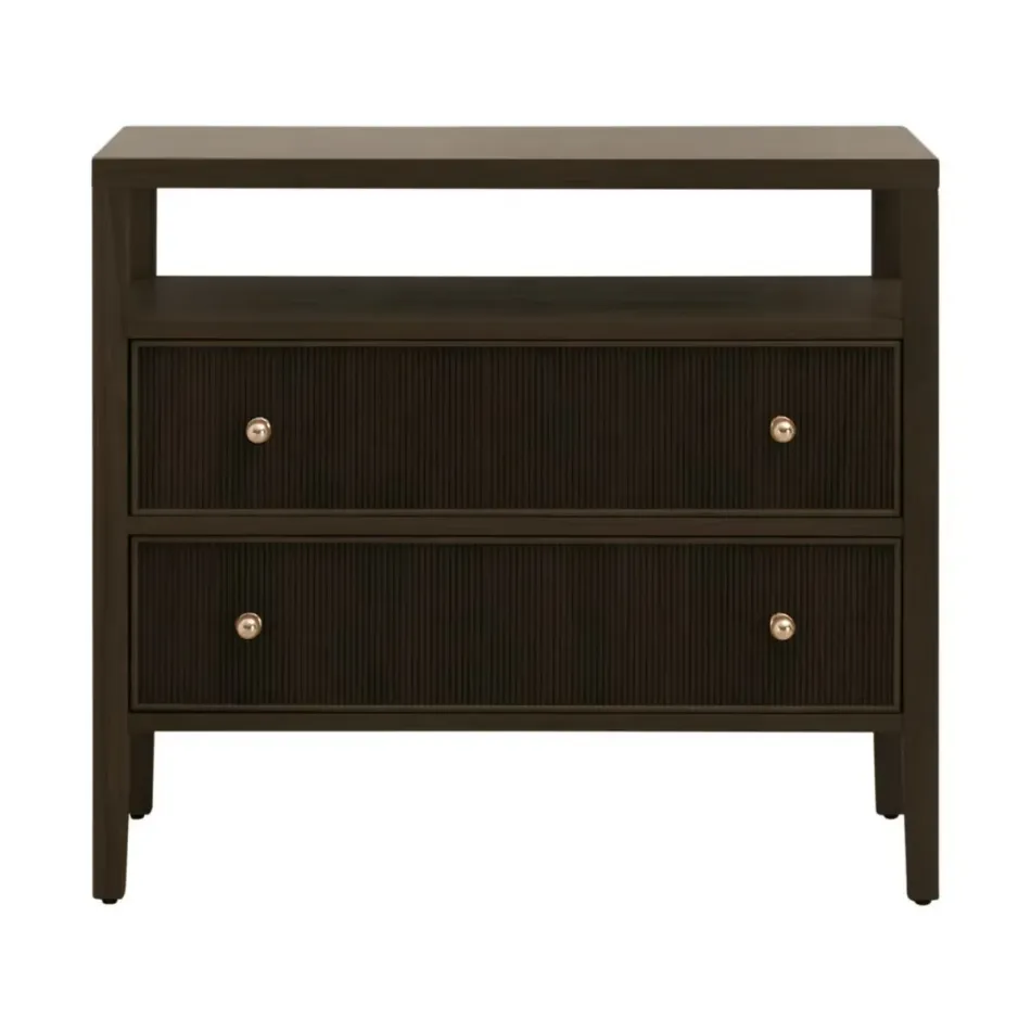 Highland Open Shelf 2-Drawer Nightstand Dutch Brown Oak, Polished Brass
