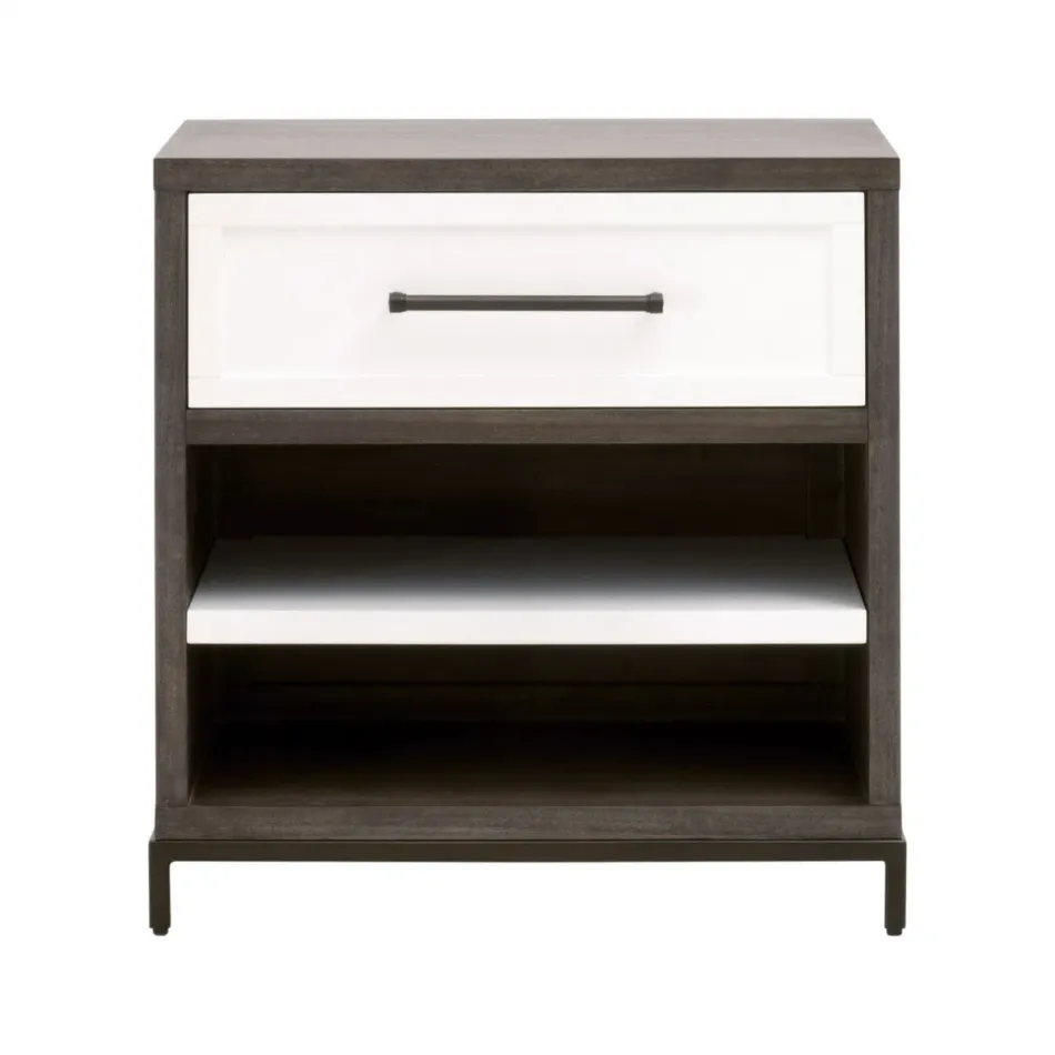Wrenn 1-Drawer Nightstand Burnished Brown Acacia, Matte White, Antique Bronze
