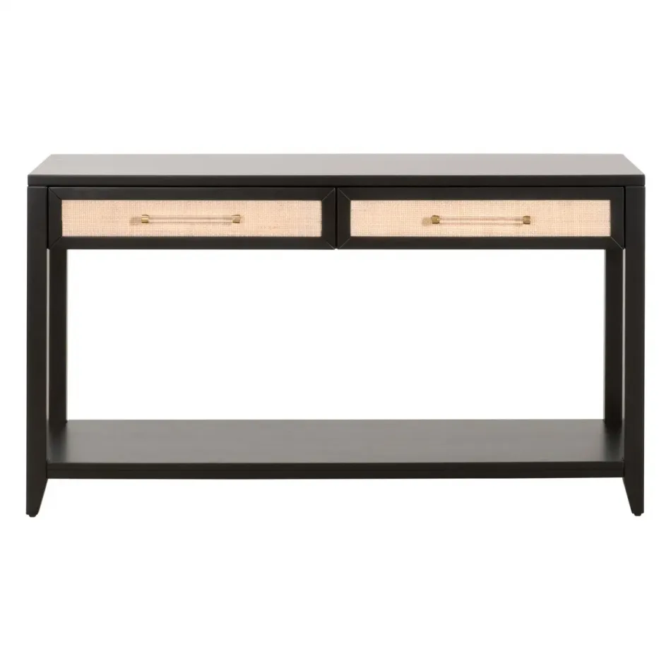 Holland 2-Drawer Console Table Brushed Black Acacia, Natural Rattan