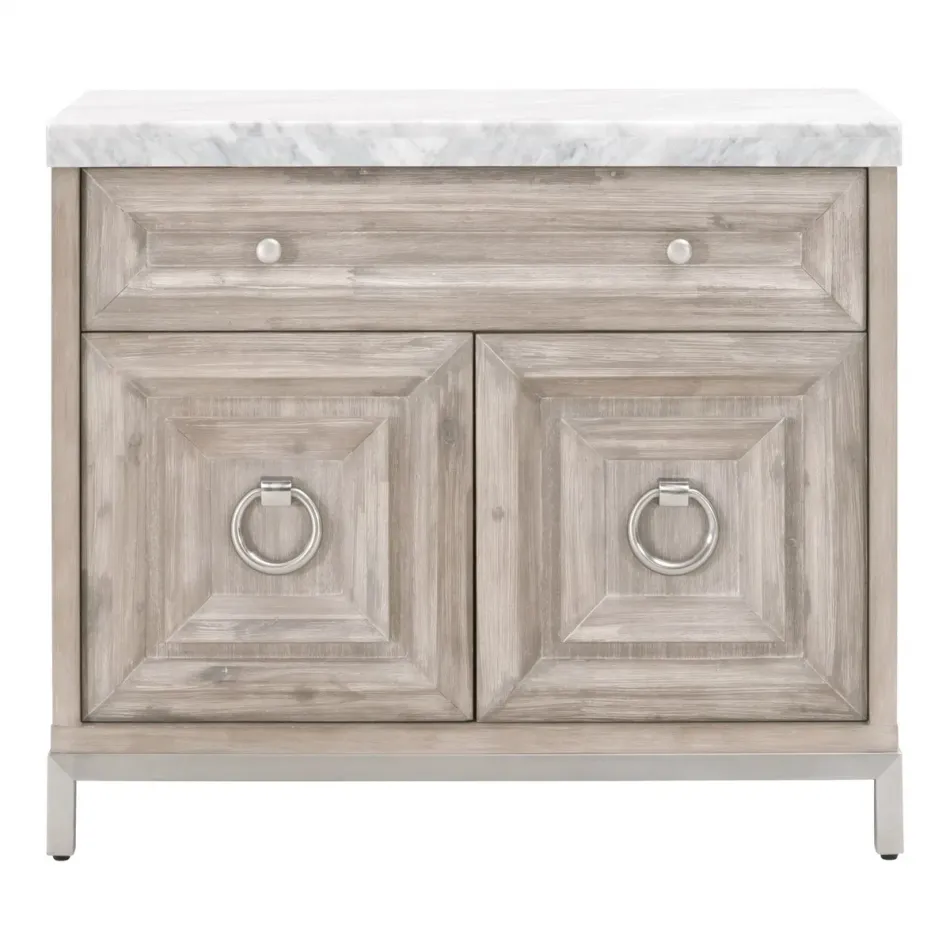 Azure Carrera Media Chest Natural Gray Acacia, White Carrera Marble, Brushed Stainless Steel