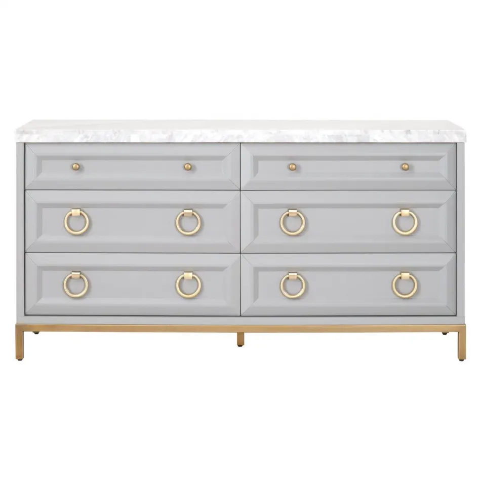 Azure Carrera 6-Drawer Double Dresser Dove Gray, White Carrera Marble, Brushed Gold