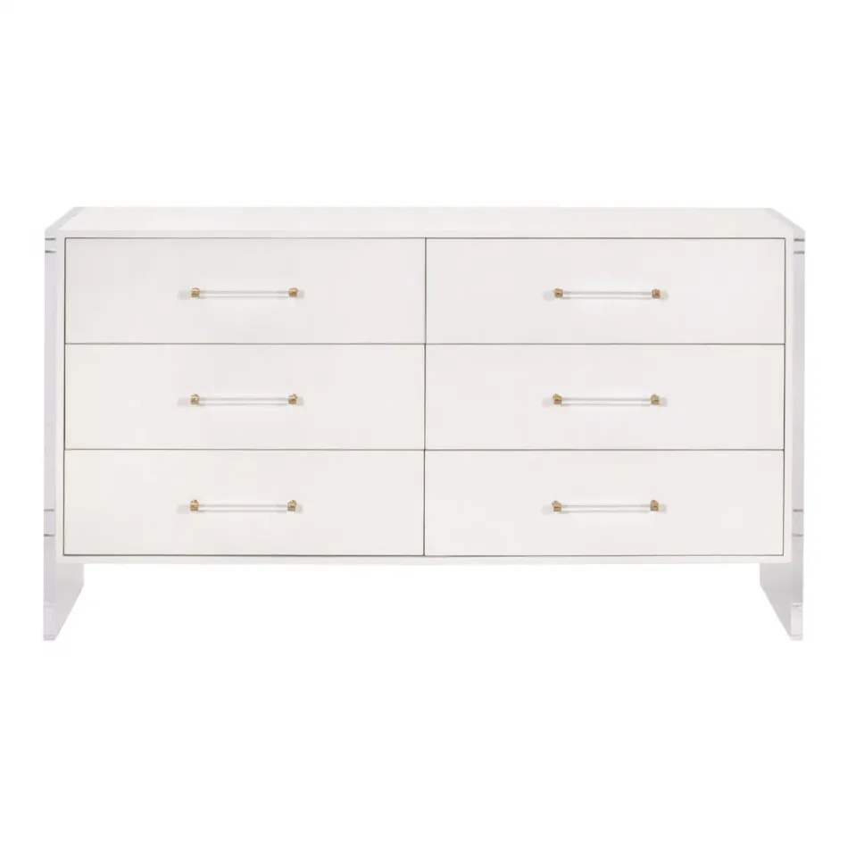 Sonia Shagreen 6-Drawer Double Dresser Pearl Shagreen, Lucite, Brushed Brass