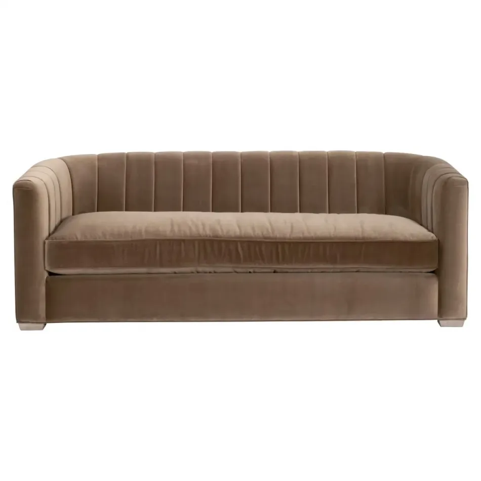 Bronx Caramel Velvet Natural Gray Oak Channel Back Sofa 87"