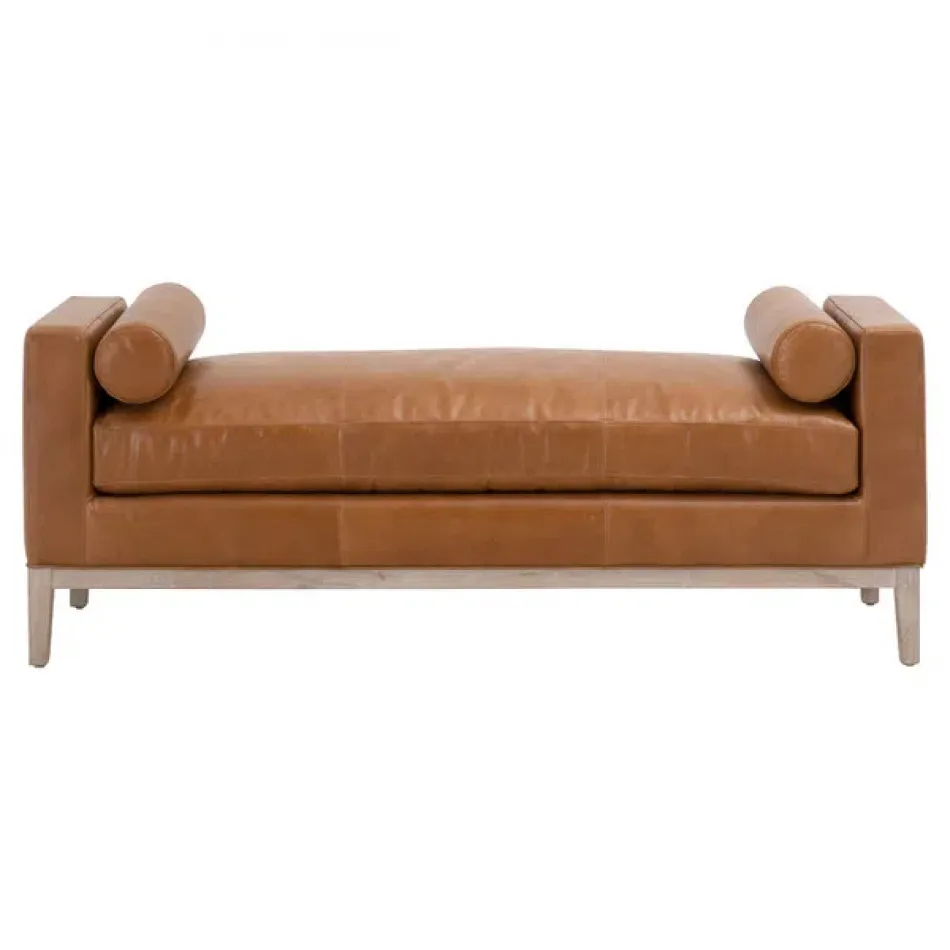 Keaton Upholstered Bench Whiskey Brown Top Grain Leather, Natural Gray Oak