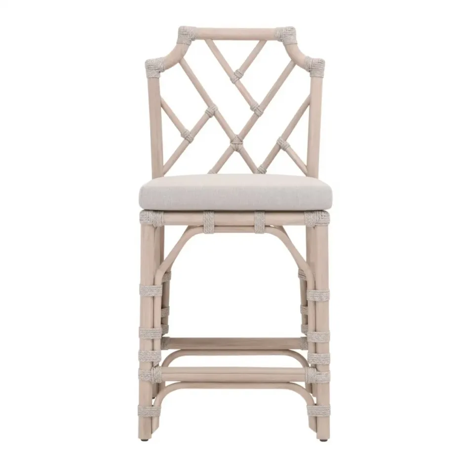 Bayview Taupe & White Flat Rope Performance Pumice Washed Ever Teak Outdoor Counter Stool