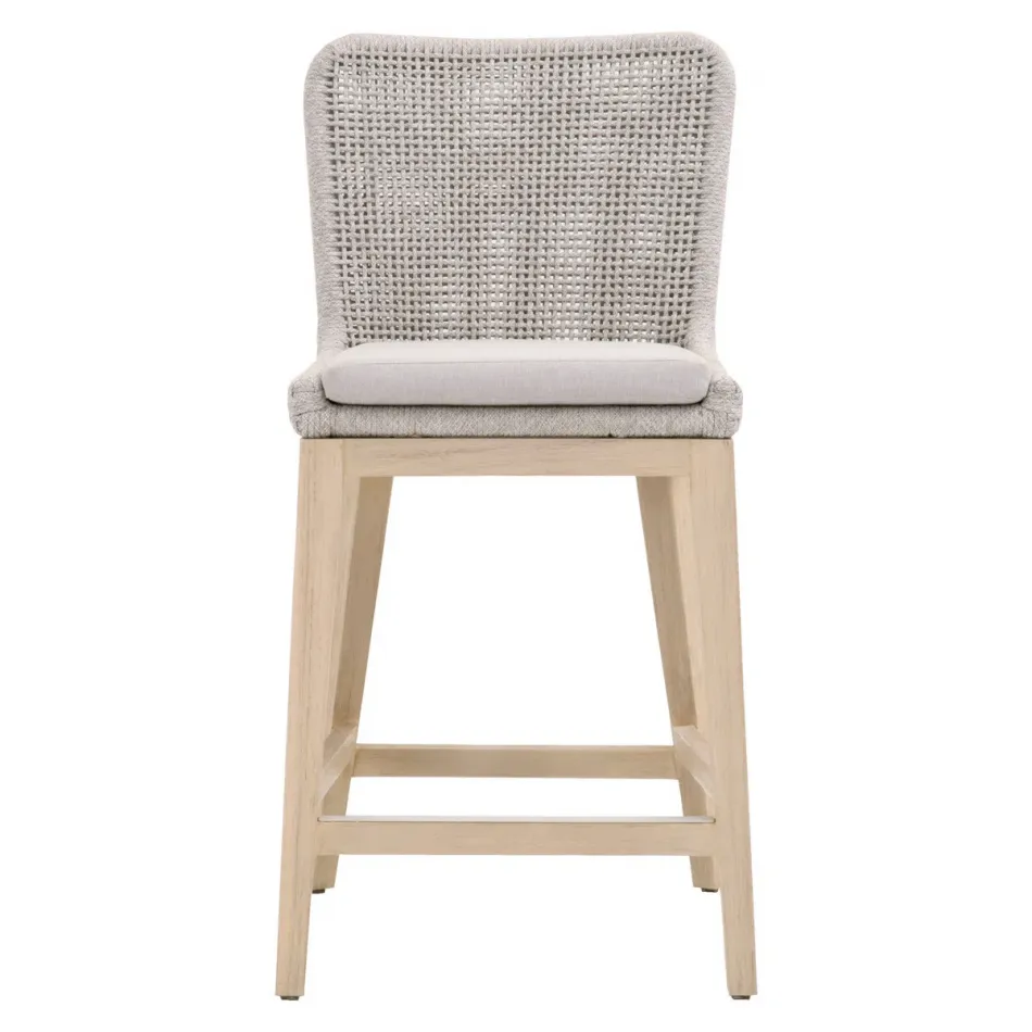 Mesh Outdoor Counter Stool Taupe & White Flat Rope, Gray Teak, Performance Pumice Indoor/Outdoor