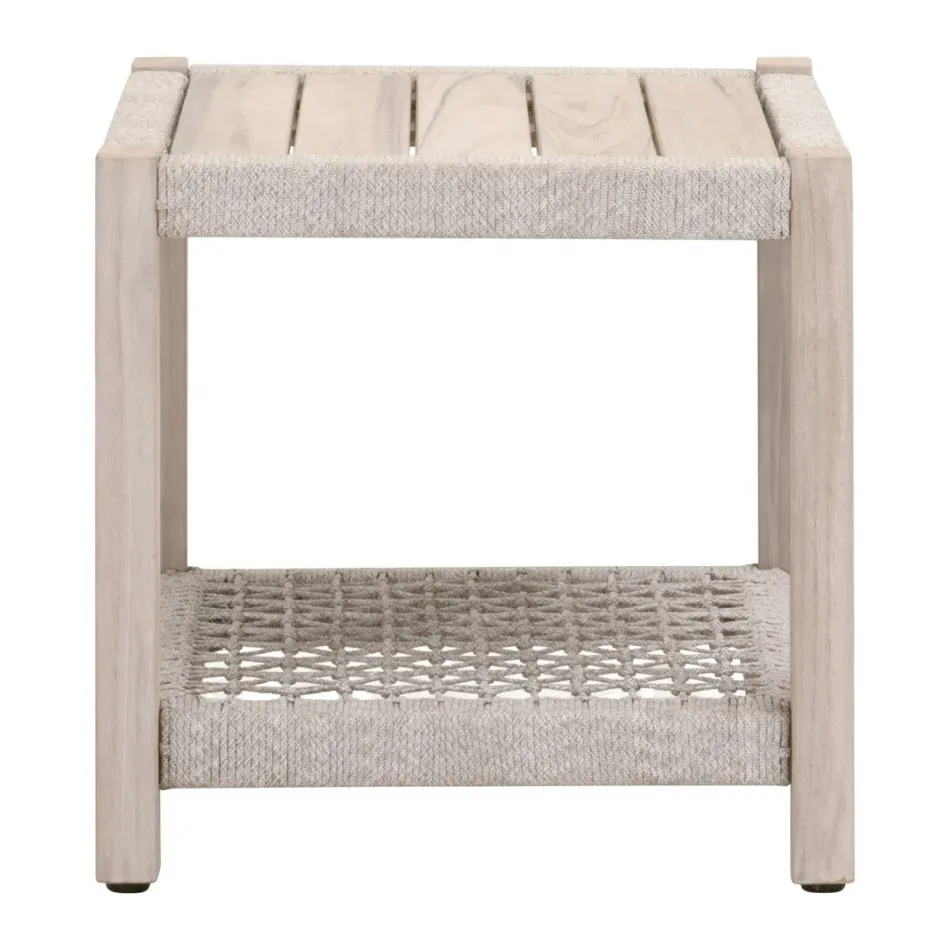 Wrap Outdoor End Table Taupe & White Flat Rope, Gray Teak Indoor/Outdoor