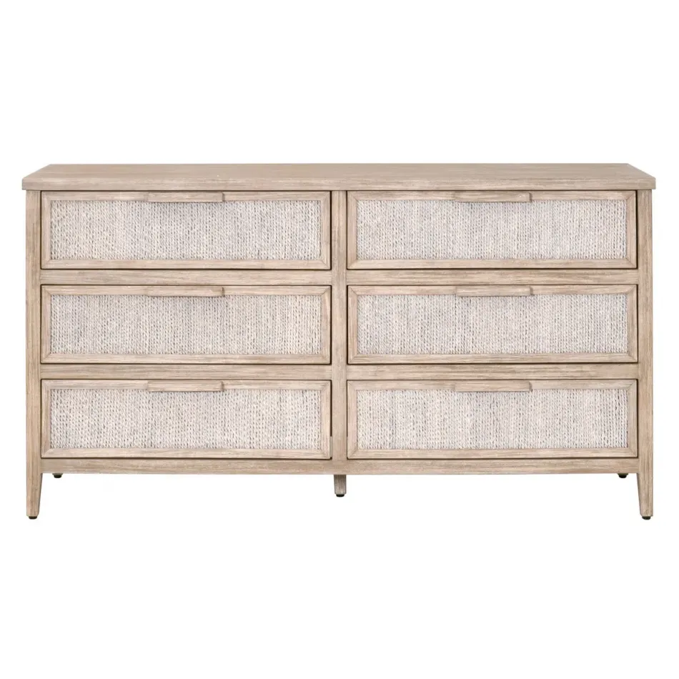 Malay 6-Drawer Double Dresser White Wash Abaca Rope, Natural Gray Mahogany