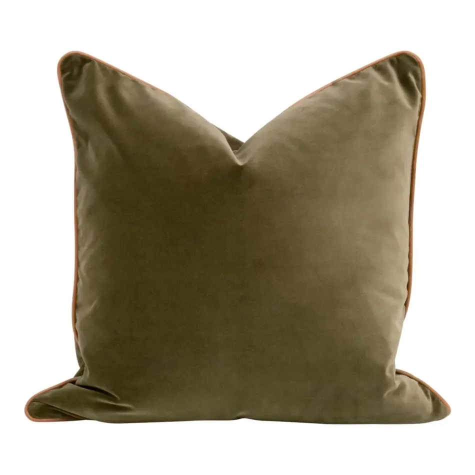 The Not So Basic Olive Velvet, Whiskey Brown Top Grain Leather Piping Essential Pillow 22" Set of 2