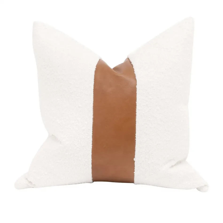 The Split Decision 20" Essential Pillow, Set of 2 Performance Boucle Snow, Whiskey Brown Top Grain Leather Stripe