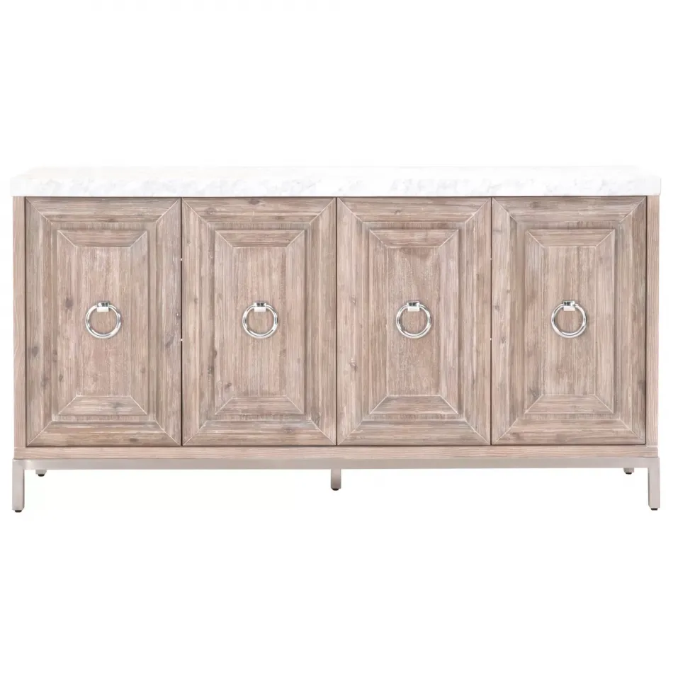 Azure Carrera Media Sideboard White Carrera Marble, Natural Gray Acacia, Brushed Stainless Steel