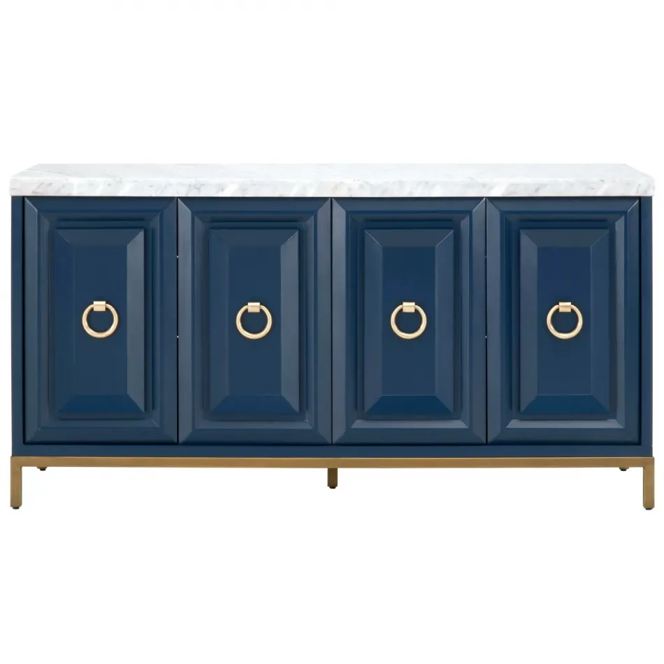 Azure Carrera Media Sideboard White Carrera Marble, Navy Blue, Brushed Gold