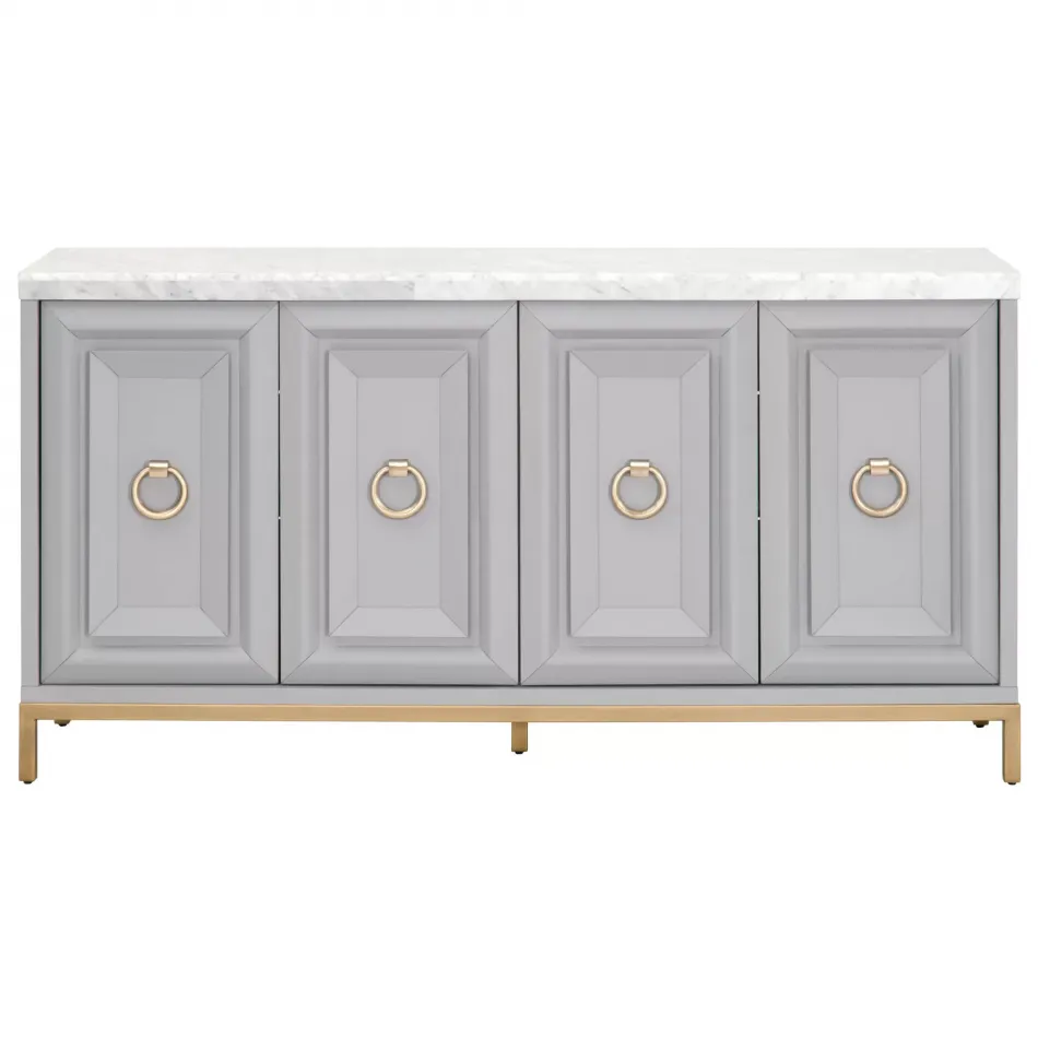 Azure Carrera Media Sideboard White Carrera Marble, Dove Gray, Brushed Gold
