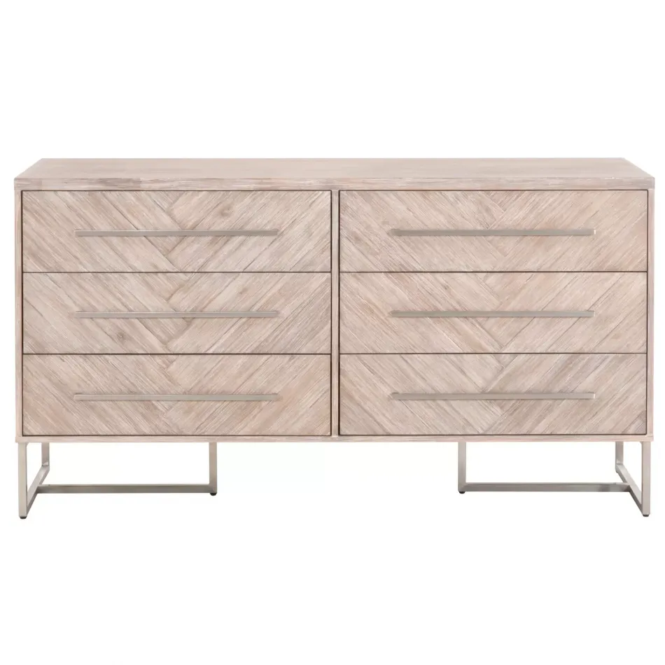 Mosaic 6-Drawer Double Dresser Natural Gray Acacia, Brushed Stainless Steel