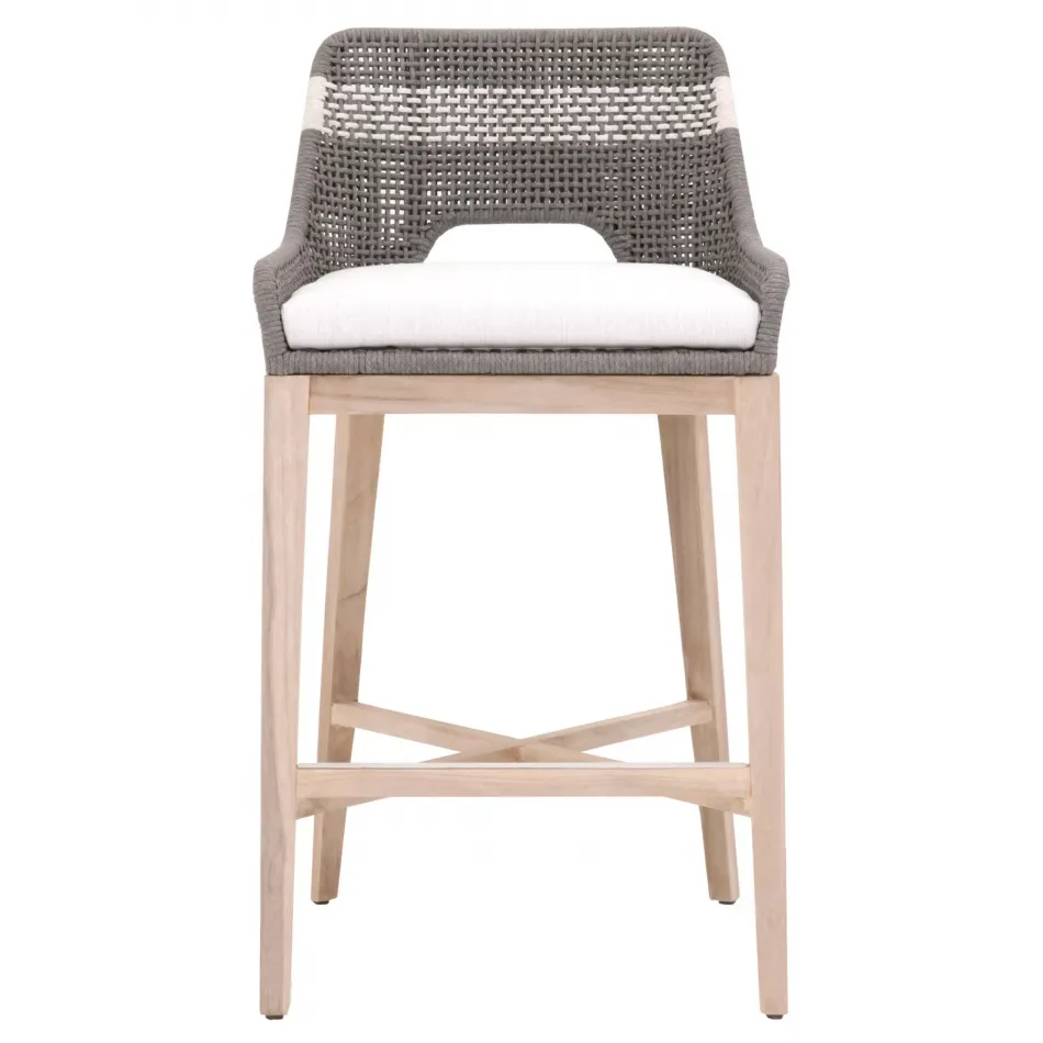 Tapestry Outdoor Barstool Dove Flat Rope, White Speckle Stripe, Performance White Speckle, Gray Teak