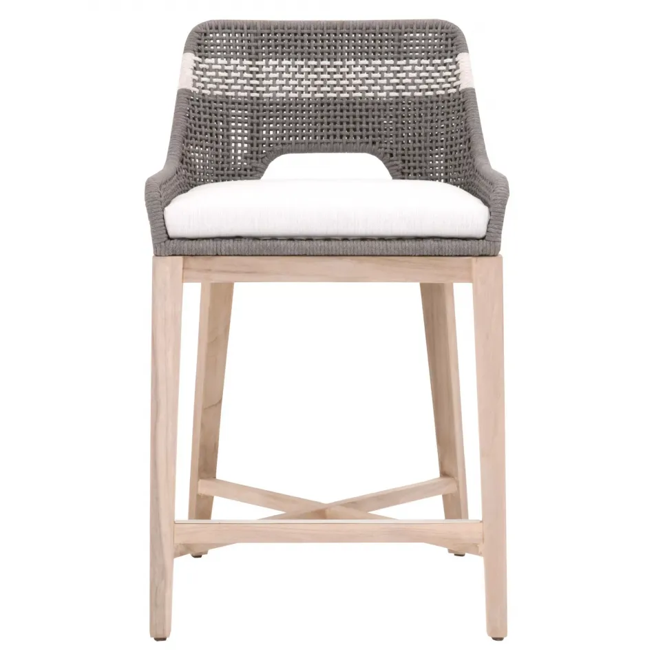 Tapestry Outdoor Counter Stool Dove Flat Rope, White Speckle Stripe, Performance White Speckle, Gray Teak