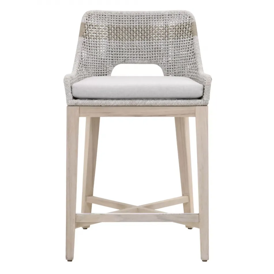 Tapestry Outdoor Counter Stool Taupe & White Flat Rope, Taupe Stripe, Performance Pumice, Gray Teak