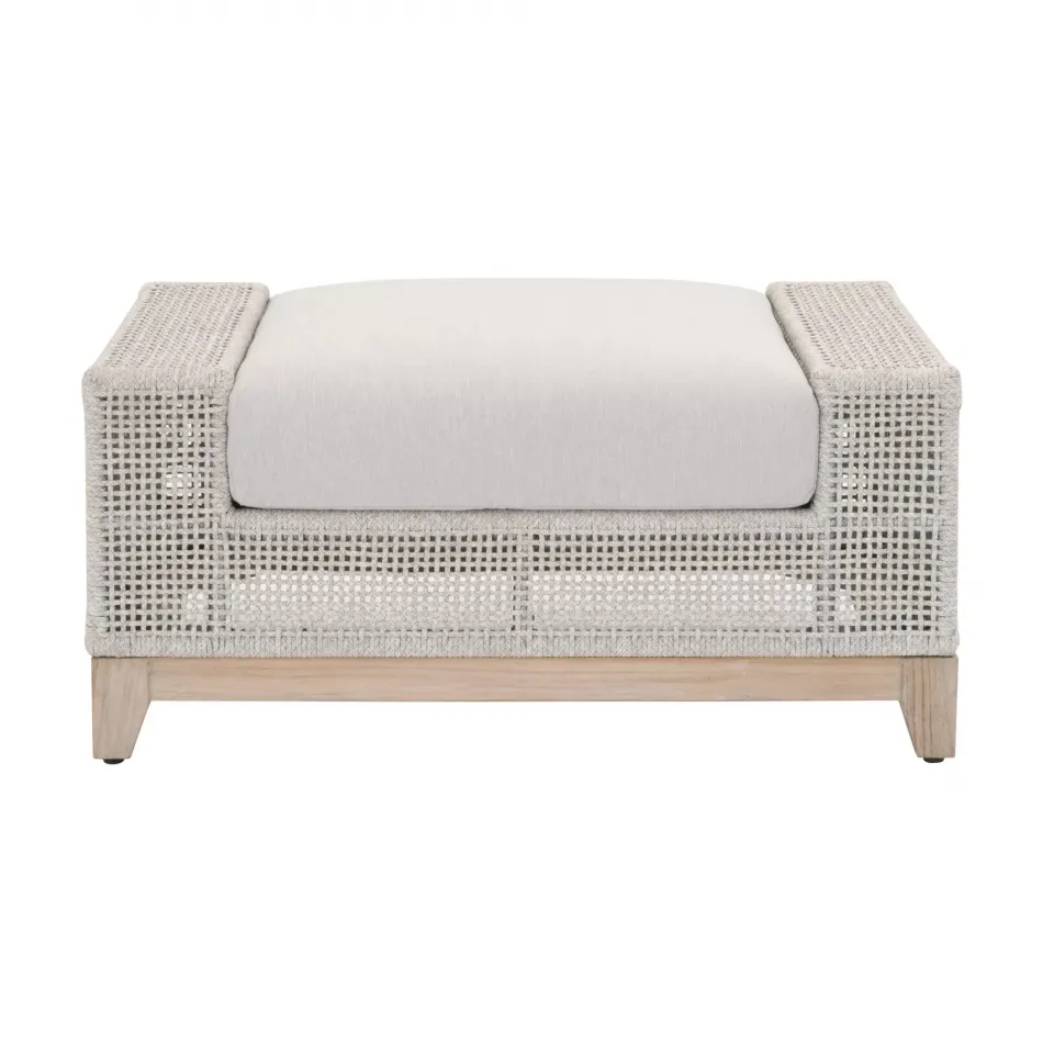Tropez Outdoor Ottoman Taupe & White Flat Rope, Performance Pumice, Gray Teak