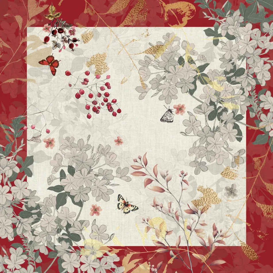 Vintage Flowers Cranberry 50% Cotton 50% Linen Printed Napkin 18"x18"