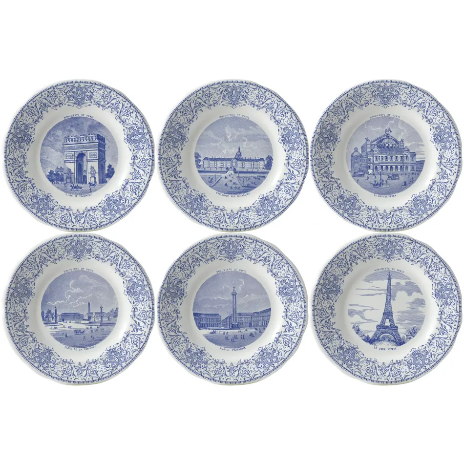 Themed Plates, Monuments De Paris Set Of 6 Dessert Plates Assorted 7 13/16" Dia