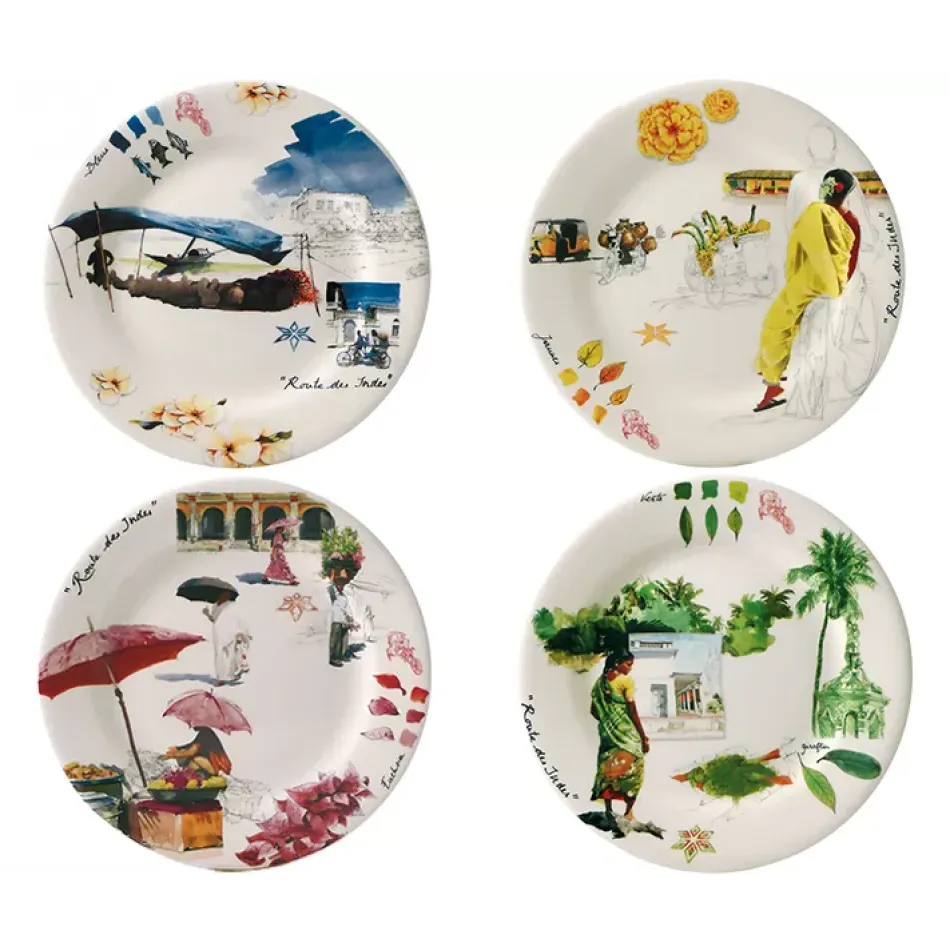 Route Des Indes Set Of 4 Dessert Plates Assorted 8 11/16" Dia