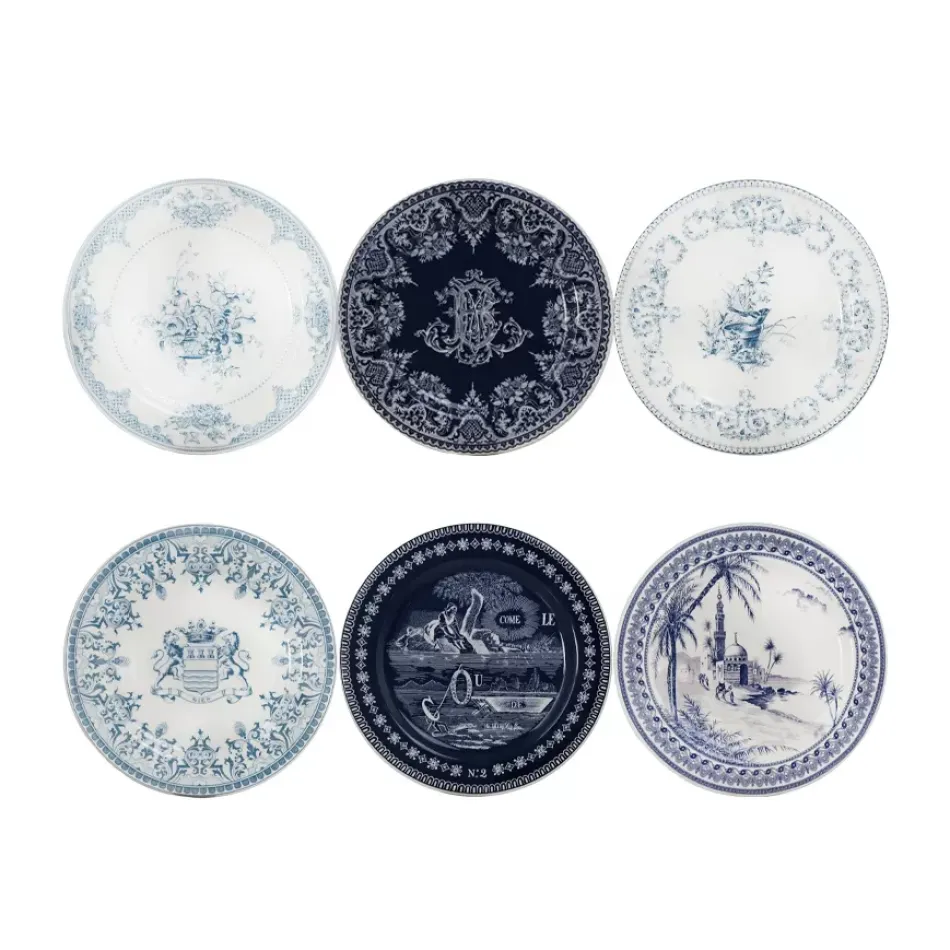 Les Depareillees Blue Coasters Assorted 5 1/16" Dia, Set of 6