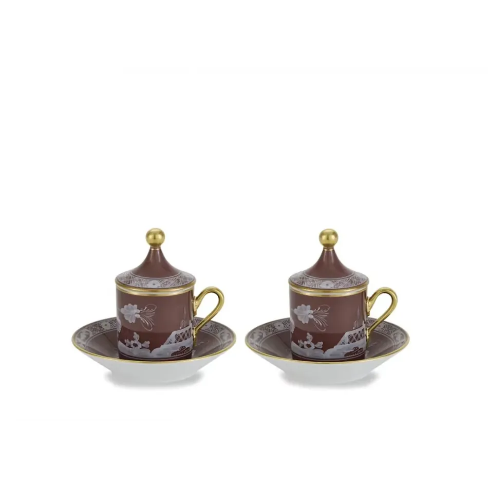 Oriente Italiano Castagna Coffee Cup With Plate And Cover, Set For Two Impero