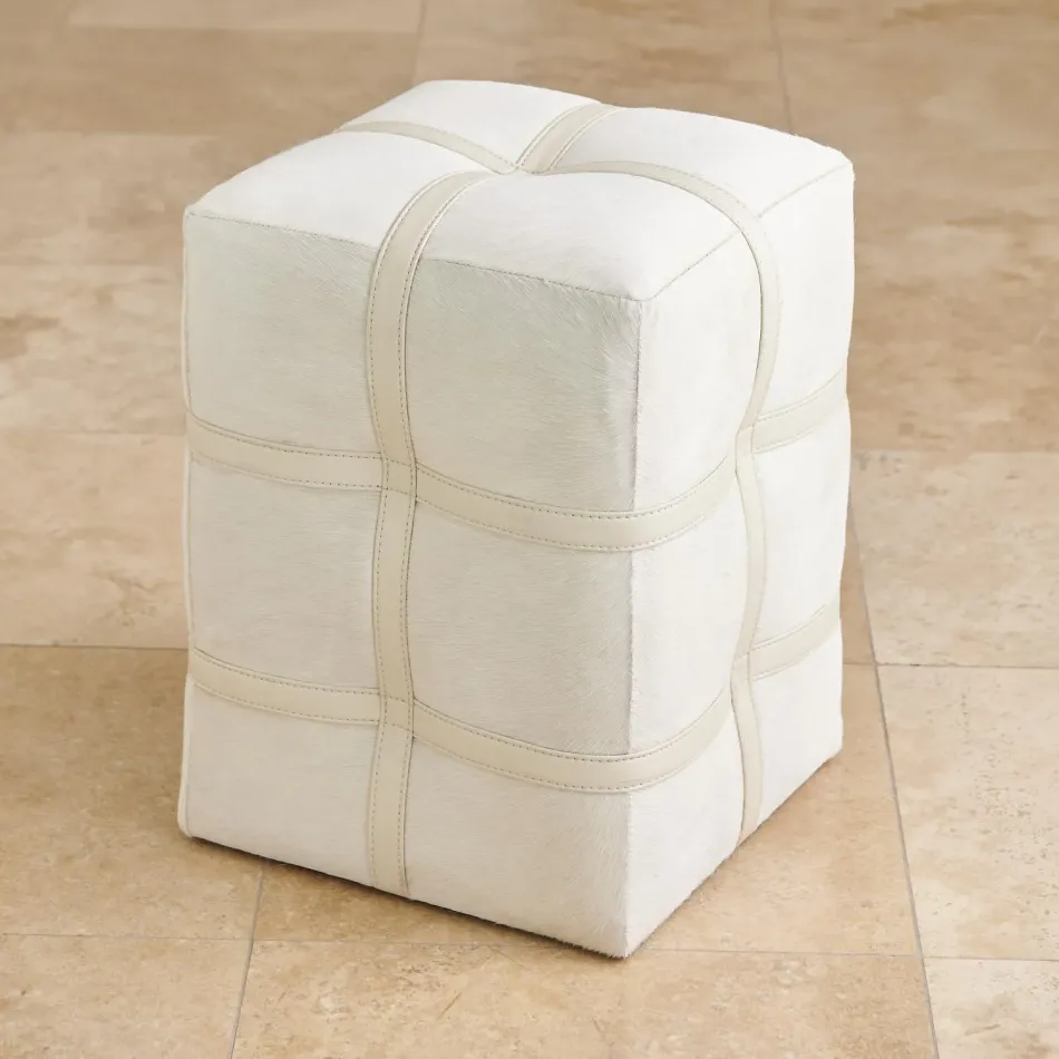 Belted Poof Ivory Hair on Hide Leather
