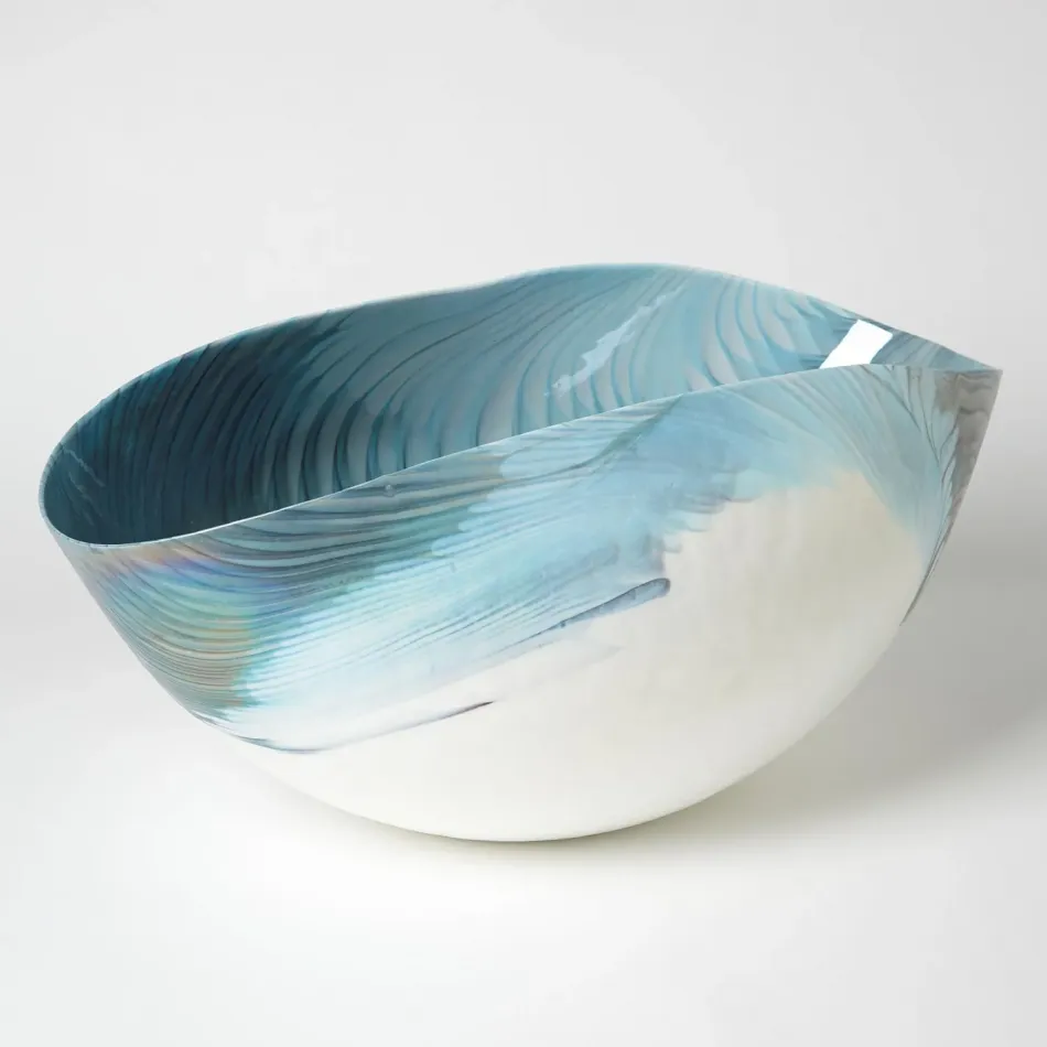 Ivory Turquoise Feather Swirl Oval Bowl