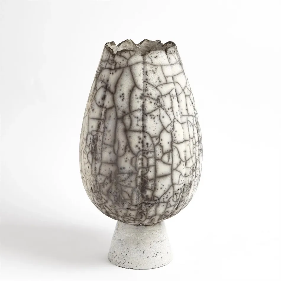 Crackled Footed Vase Black Raku Large