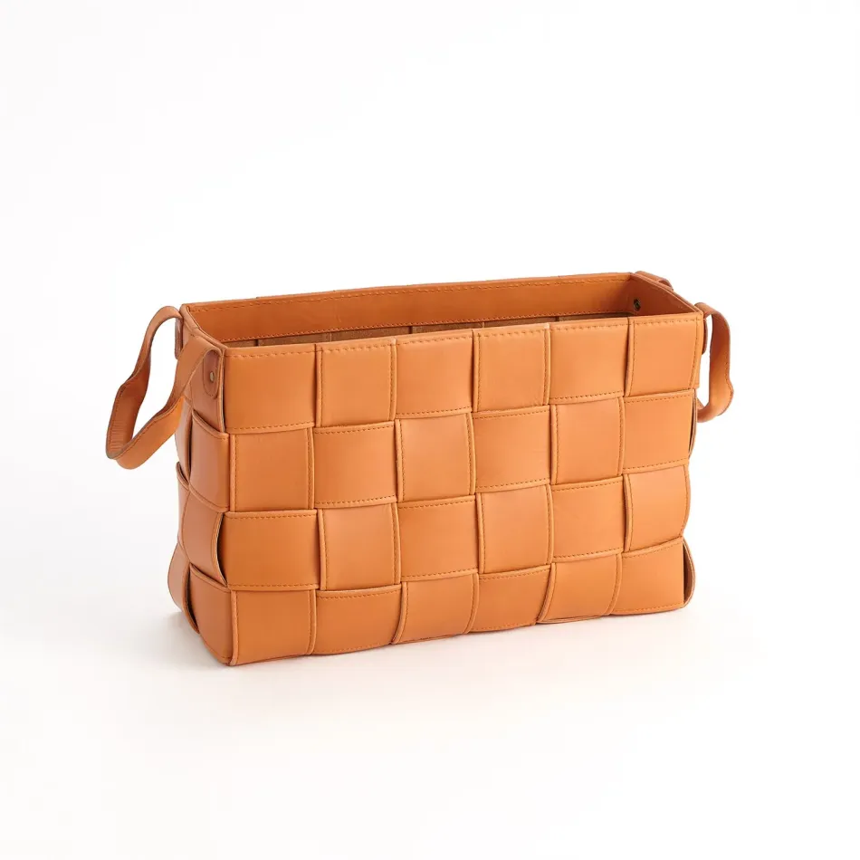 Soft Woven Leather Basket Orange Small