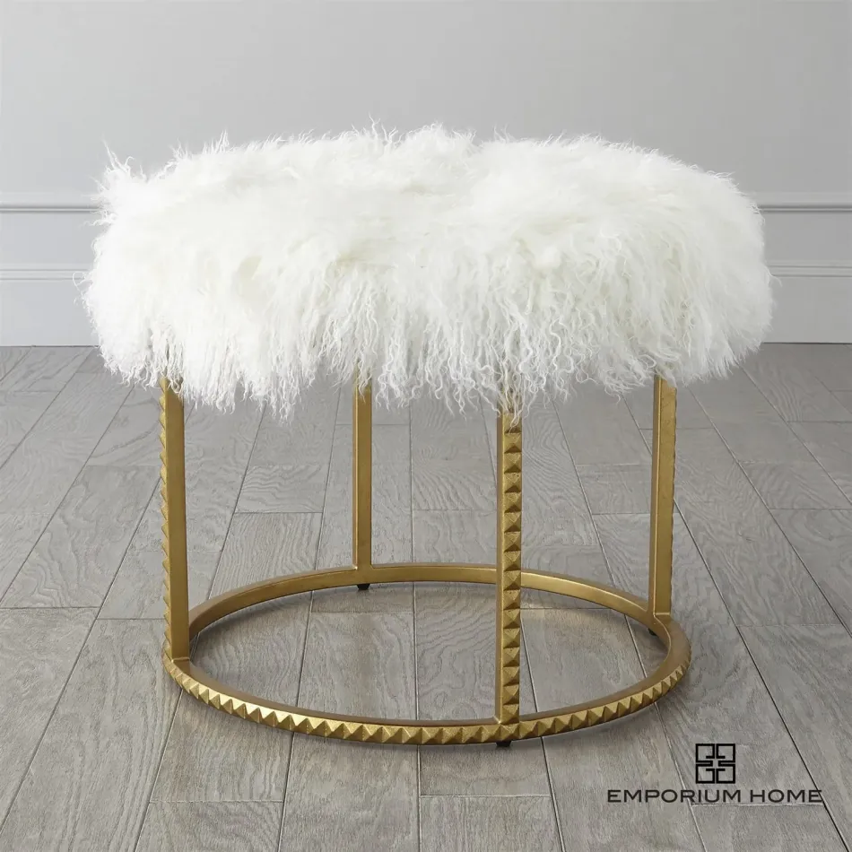 Stud Pouf Gold Leaf White Fur