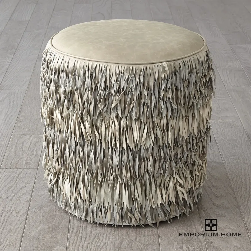 Fringe Ottoman Light Grey Marble Leather