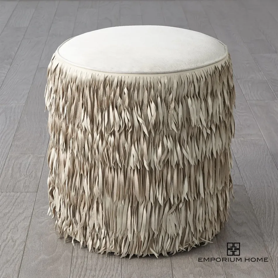 Fringe Ottoman Ivory Hair on Hide