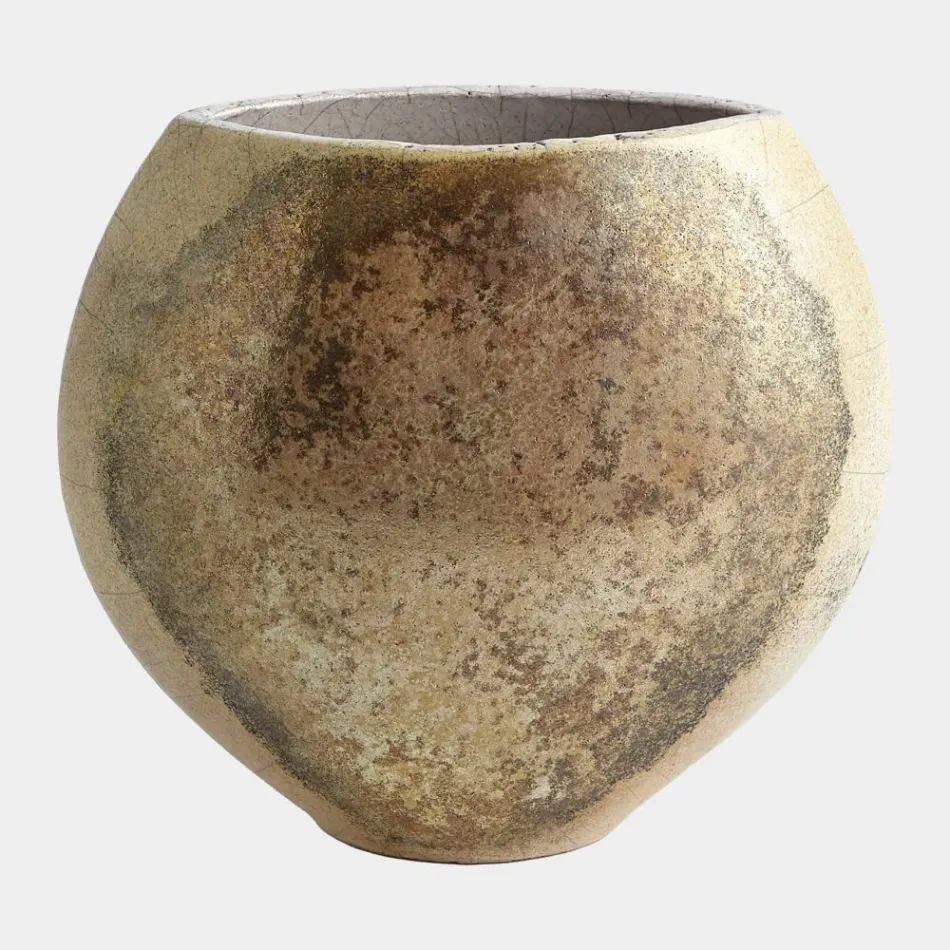 Golden Raku Flat Round Vase 10"H x 6"W x 12"D