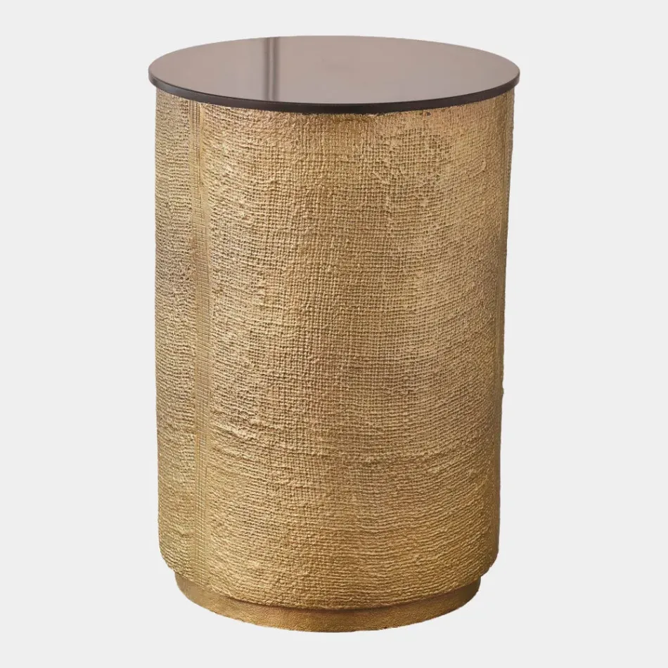 Tomiko Antique Brass Hemp Etched Barrel Table