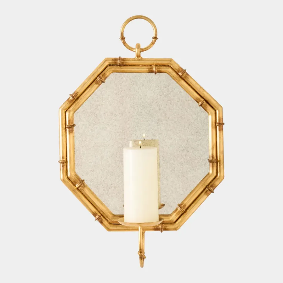 Gold Octagonal Bamboo Mirror with Candleholder