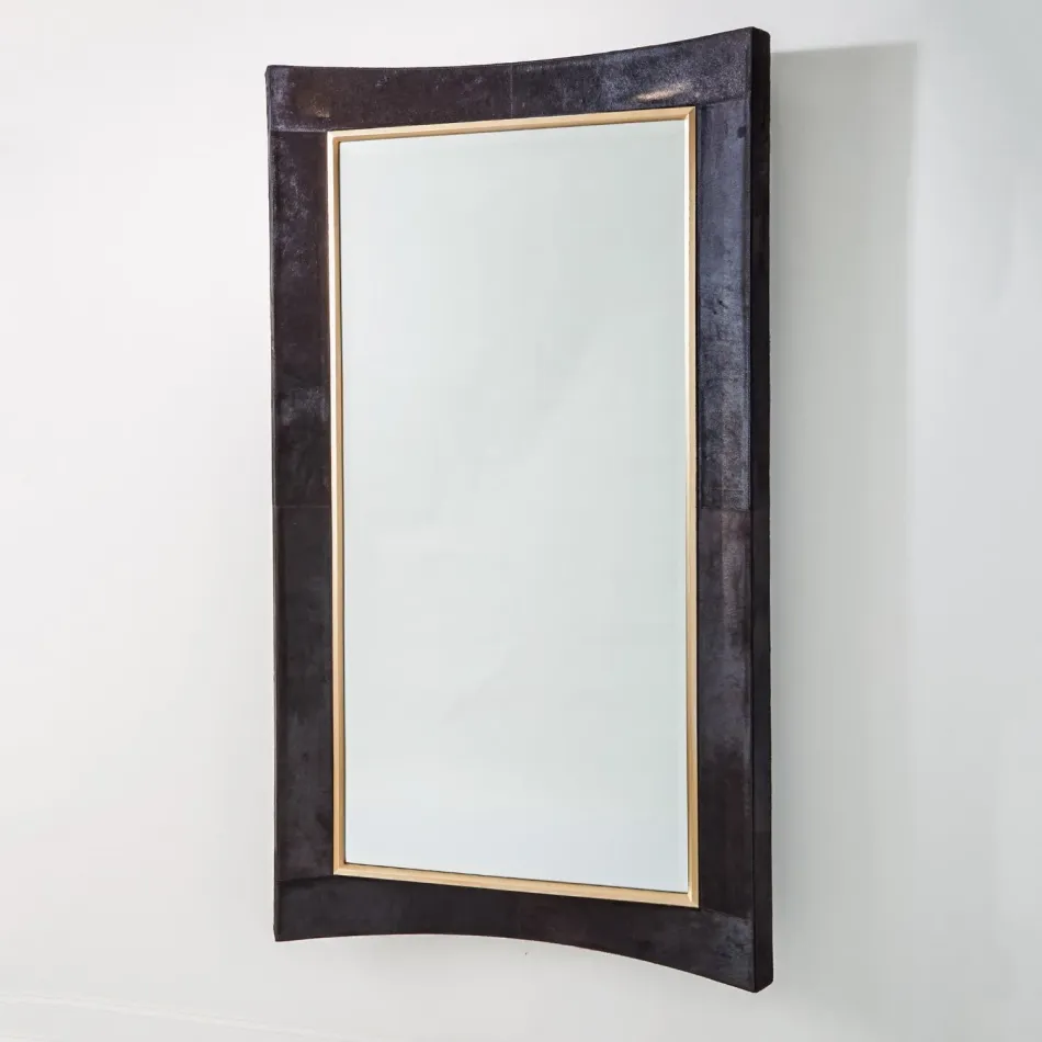 Curved Floor Mirror Black Hair on Hide