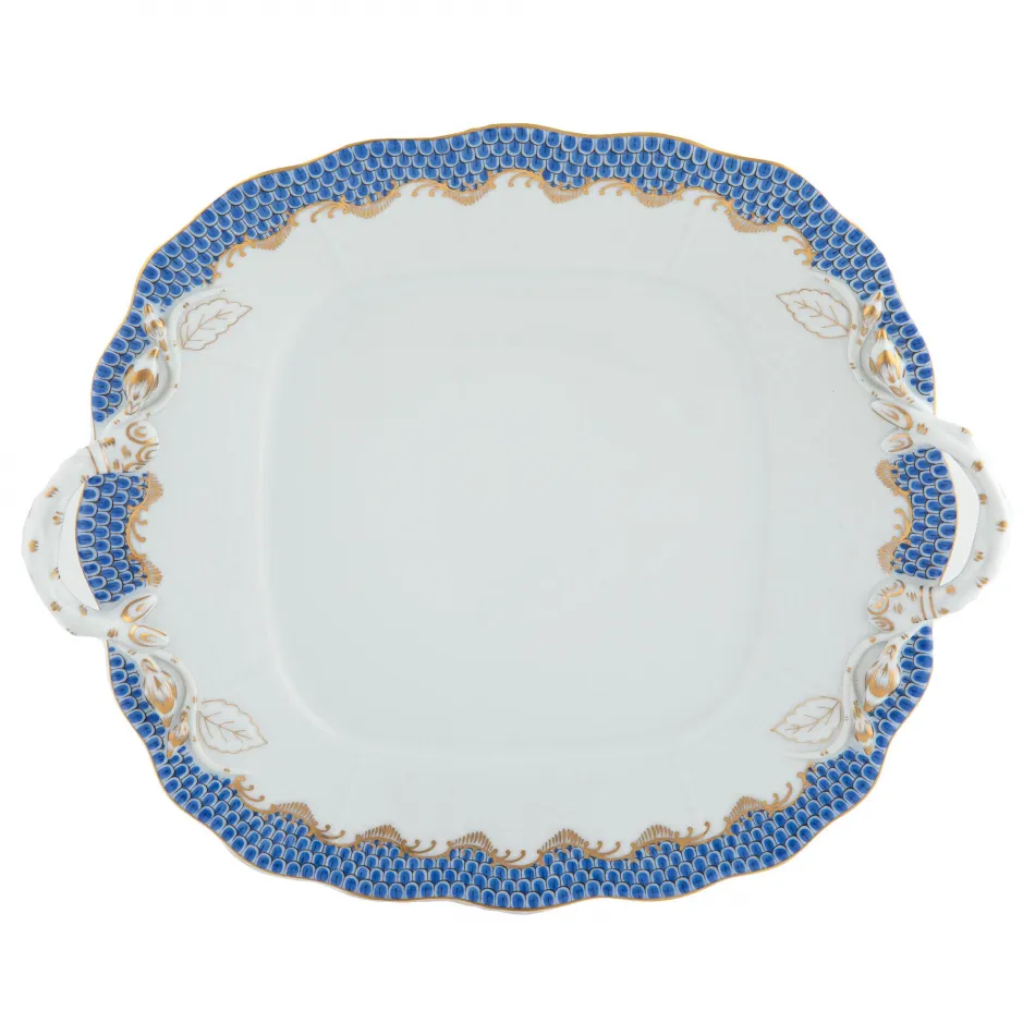 Fish Scale Blue Square Cake Plate With Handles 9.5 in Sq