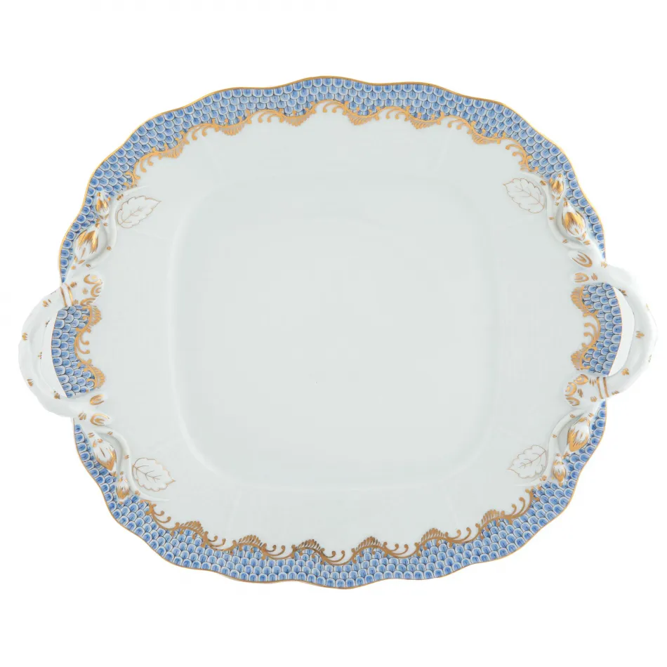 Fish Scale Light Blue Square Cake Plate With Handles 9.5 in Sq