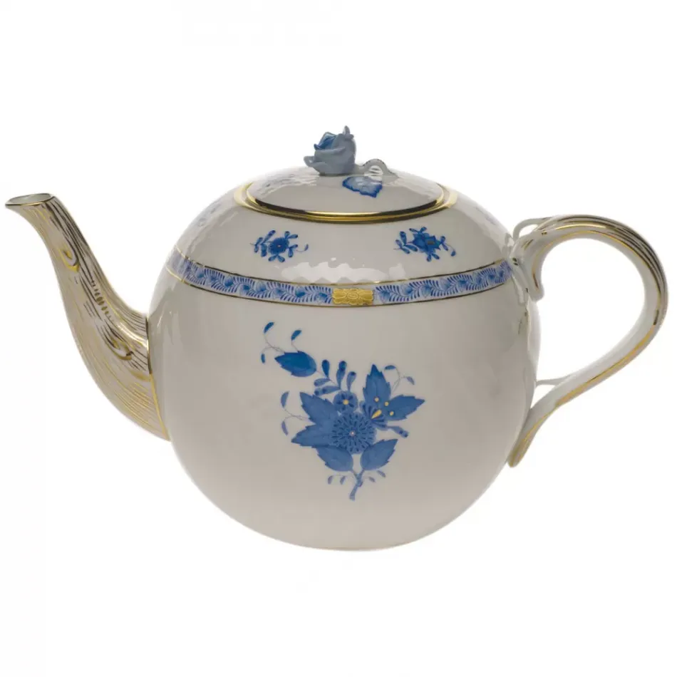 Chinese Bouquet Blue Tea Pot With Rose 60 Oz 6.5 in H