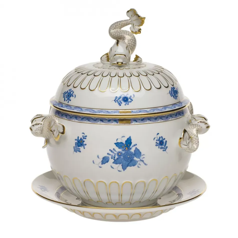 Chinese Bouquet Blue Tureen And Platter 4 Qt 12.25 in H