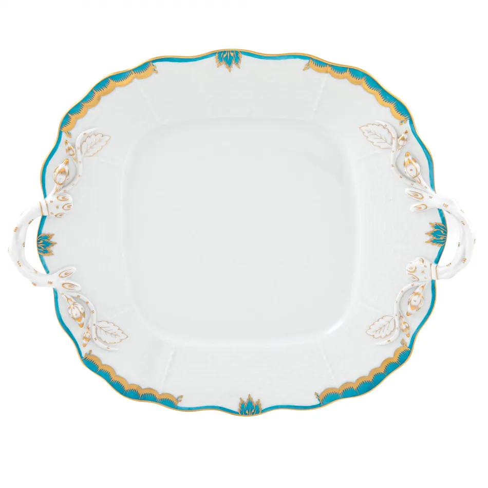 Princess Victoria Turquoise Square Cake Plate With Handles 9.5 in Sq