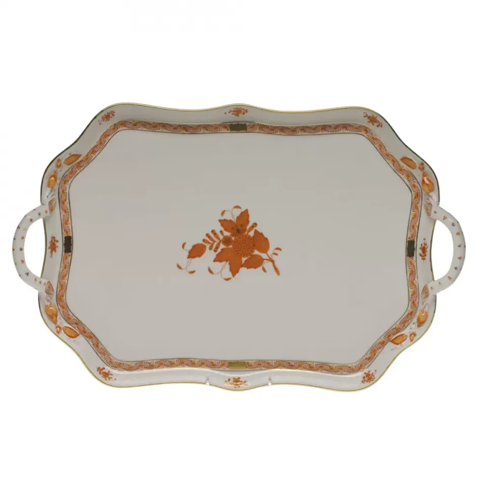 Chinese Bouquet Rust Rectangular Tray With Branch Handles 18 in L